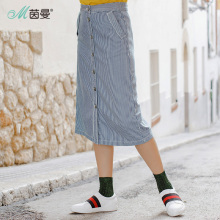 茵曼旗舰店2018春装新款纯棉竖条纹牛仔纽扣半身裙包臀中裙女图片