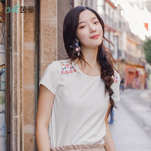 茵曼2018夏装新款圆领文艺范侧肩绣花纯棉短袖T恤女修身短款上衣图片