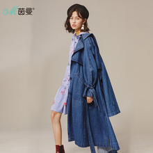 茵曼春秋时尚chic单排扣系带收腰长款棉麻牛仔风衣外套女过膝宽松图片