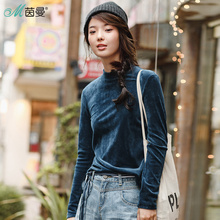 茵曼旗舰店2018秋冬新款半高领百搭简约长袖T恤女士金丝绒打底衫图片