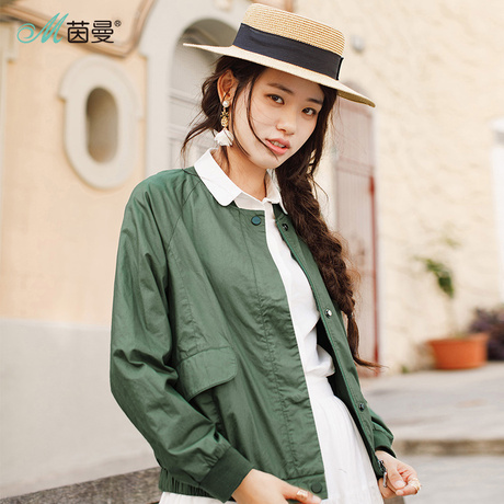 茵曼2018春秋新款纯棉立领长袖棒球服短外套女百搭夹克机车上衣商品大图