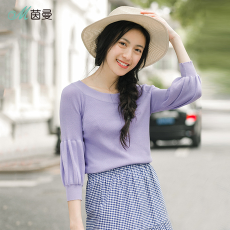 茵曼2018秋装新款简约大方圆领灯笼袖上衣女F1883132655商品大图