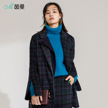 茵曼系带收腰复古格纹羊毛呢子大衣女双面呢西装外套1884280130图片