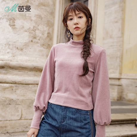 茵曼旗舰店2018秋装新款半高领保暖灯笼袖宽松上衣女打底长袖T恤商品大图
