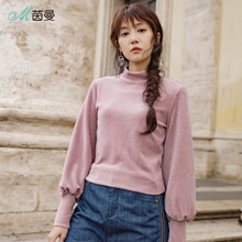 茵曼旗舰店2018秋装新款半高领保暖灯笼袖宽松上衣女打底长袖T恤图片