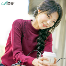 茵曼2017冬装新款半高领撞色绣线休闲文艺范针织衫女打底毛衣长袖图片