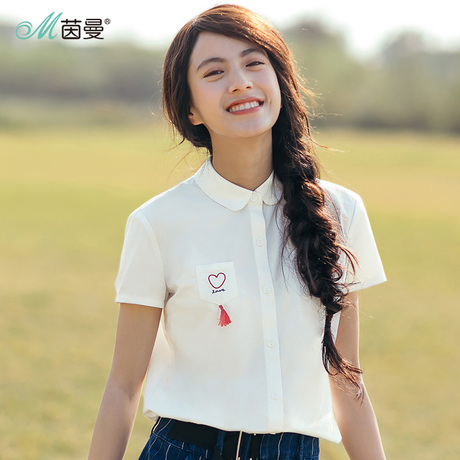茵曼旗舰店绣花短袖衬衫2018夏装新款纯棉翻领白衬衣女娃娃衫上衣商品大图