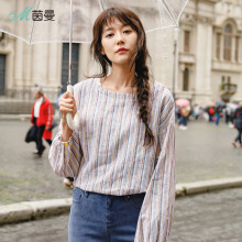 茵曼2018秋装新款文艺棉麻蕾丝拼接船领条纹长袖上衣女宽松体恤衫图片
