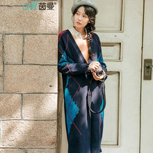 茵曼2017秋装新款V领撞色格纹针织开衫外套女中长款1873134362图片
