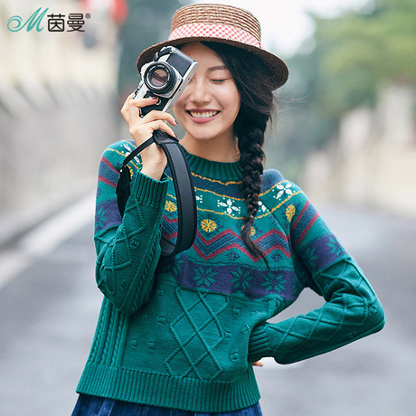 茵曼旗舰店女装2018春装新款套头圆领菱格立体提花复古毛织衫女商品大图