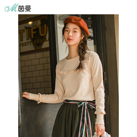 茵曼女装2018秋装新款圆领花边宽松淑女长袖套头毛衣女针织打底衫商品大图