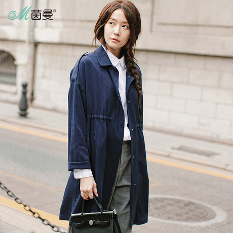 茵曼2018春新款莱赛尔修身抽绳宽松港风风衣外套女中长款薄款商品大图