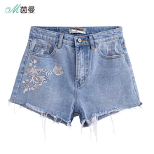 茵曼旗舰店2018夏装新款高腰显瘦绣花毛边宽松牛仔短裤女热裤图片