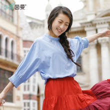 茵曼2018夏装新款棉质纯色立领泡泡袖宽松衬衣衬衫女白色中袖上衣图片