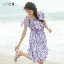 茵曼2018夏装新款圆领碎花橡筋收腰露肩短袖连衣裙女F1882102068图片
