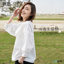 茵曼2018春秋新款宽松纯棉立领木耳边灯笼袖套头白色衬衫女士上衣图片