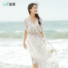 茵曼旗舰店2018夏新款V领碎花腰带显瘦A字短袖连衣裙女碎花雪纺裙图片