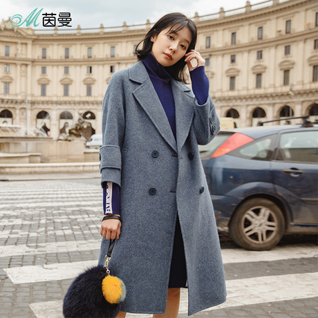 茵曼2018新款秋装双排扣修身纯羊毛双面呢外套女呢子大衣干练知性商品大图