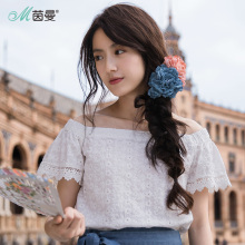 【拍下7折】茵曼2018夏漏锁骨一字领花边短袖套头衬衣衬衫女上衣图片