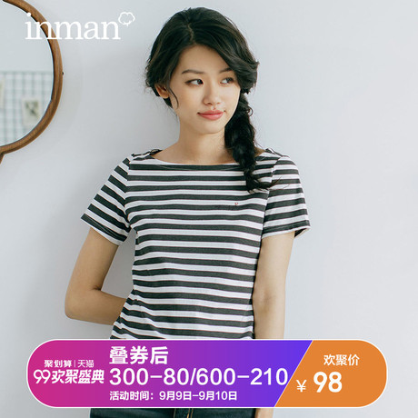 茵曼棉素2018夏新款文艺纯棉短袖黑白条纹T恤女简约修身显瘦上衣商品大图