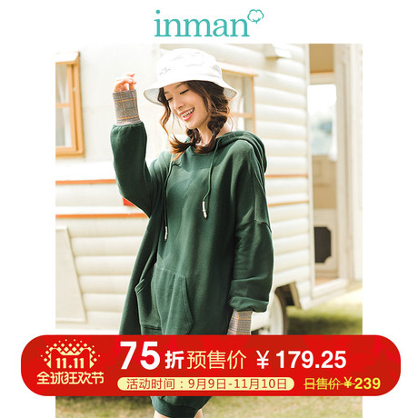 茵曼2018冬装新款宽松撞色拼接落肩袖中长款连帽卫衣女套头帽衫裙商品大图