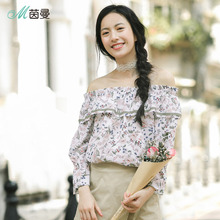 茵曼2018秋装新款一字肩两穿荷叶边碎花优雅花瓣袖雪纺衫女上衣图片