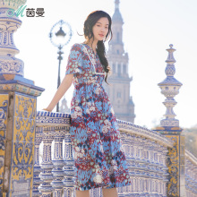 茵曼旗舰店女装裙子2018夏装新款V领印花收腰显瘦A字短袖连衣裙女图片