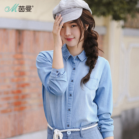 茵曼旗舰店2018春秋新款纯棉韩范复古牛仔衬衫女宽松百搭学生上衣商品大图