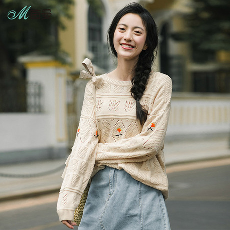 茵曼旗舰店绣花针织衫2018秋装新款圆领宽松套头打底衫上衣女毛衣商品大图