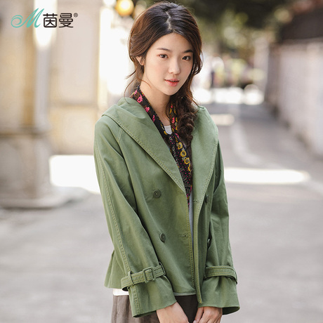 茵曼2018春秋新款翻领纯棉连帽宽松外套女短款腰带休闲长袖上衣商品大图