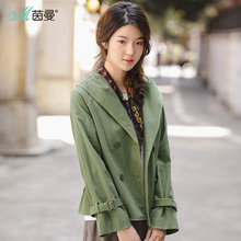 茵曼2018春秋新款翻领纯棉连帽宽松外套女短款腰带休闲长袖上衣图片
