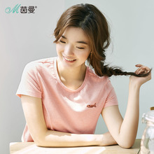 【拍下7折茵曼2018夏装新款弹性棉印绣花圆领短袖T恤女士半袖上衣图片