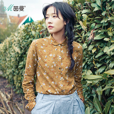 茵曼春秋新款文艺范小碎花长袖娃娃领衬衫女装纯棉百搭修身衬衣
