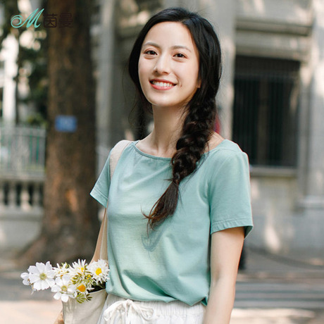 茵曼2018新款夏弹性棉小清新糖果色一字领短袖T恤女百搭半袖上衣商品大图