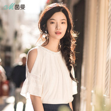 茵曼旗舰店2018夏装新款韩范宽松露肩中袖气质套头衬衣女白色衬衫图片