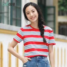 茵曼夏圆领红蓝白条纹休闲宽松修身短袖T恤ins套头衫F1882022965图片