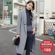茵曼2017冬装新款纯色简约时尚西装领中长款毛呢外套女1874321645图片