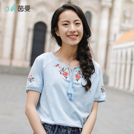 茵曼旗舰店2018夏装新款系带圆领绣花棉质百搭短袖T恤女士上衣商品大图