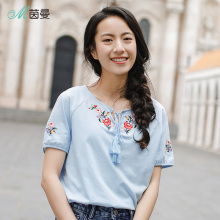 茵曼旗舰店2018夏装新款系带圆领绣花棉质百搭短袖T恤女士上衣图片