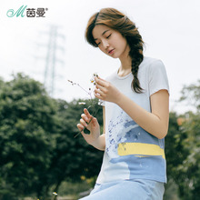 茵曼旗舰店2018夏装新款纯棉趣味印花圆领短袖T恤女半袖上衣图片