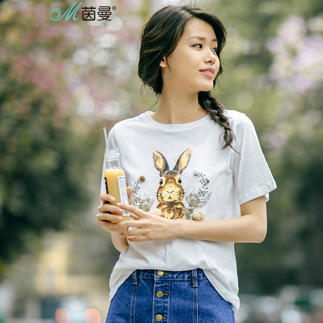 茵曼2018夏季新款纯棉圆领百搭萌兔印花立体毛球T恤短袖女上衣商品大图