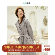 茵曼2018秋装新款文艺复古英伦格纹腰带长袖风衣女F1883061926图片