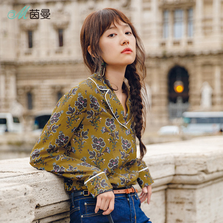 茵曼2旗舰店018秋装新款翻领复古印花睡衣慵懒风长袖家居服衬衫女商品大图