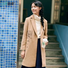 茵曼2017冬装新款文艺绣花毛呢外套女中长款卡其色大衣1864321571图片