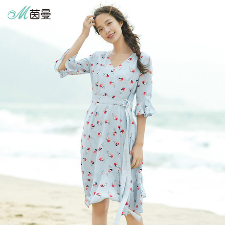 茵曼2018夏装新款雪纺印花V领腰带喇叭中袖连衣裙F1882102978商品大图