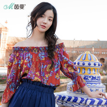 茵曼2018夏装新款两穿一字领复古印花喇叭七分袖宽松衬衣女衬衫图片