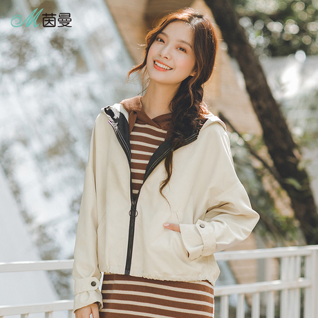 茵曼2018秋装新款时尚运动连帽拉链休闲宽松外套女F1883042822商品大图