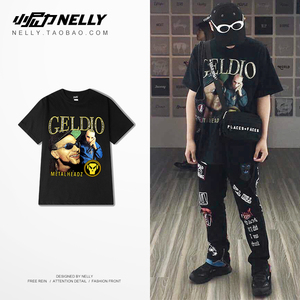 复古欧美夏季新款黑色滑板死飞宽松摇滚t恤男女短袖T上衣oversize