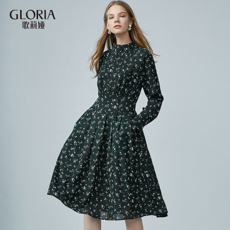 双11预|GLORIA/歌莉娅2018年秋季立领长袖印花连衣裙188E4E470商品大图