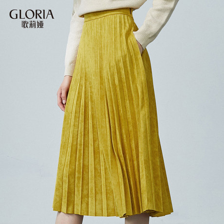 GLORIA/歌莉娅女装2018冬季麂皮绒压褶半裙18DC2D01A商品大图